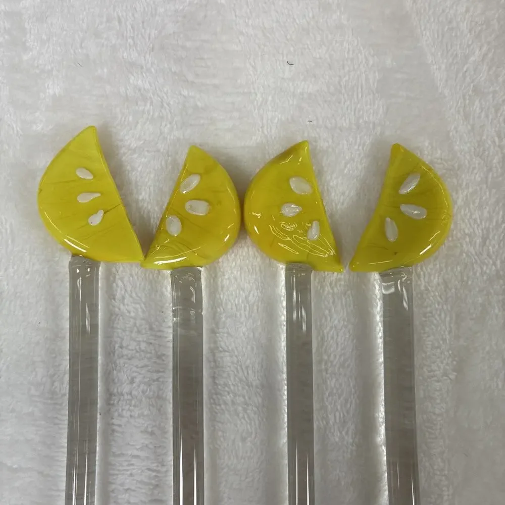 Set of 4 Vintage Glass Lemon Wedge Swizzle Stick Stirrer 11.75" Summer Free Ship - Picture 2 of 7